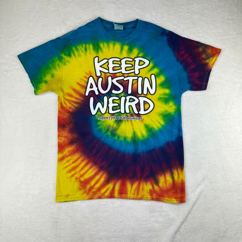 Gildan T-Shirt Unisex Keep Austin Weird Regular M Multi Tie Dye Graphic Cotton